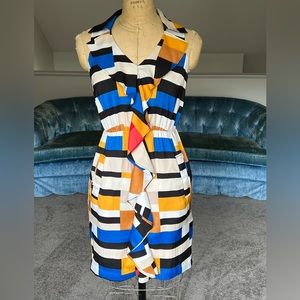 New York & Company multi color geometric print ruffle front dress